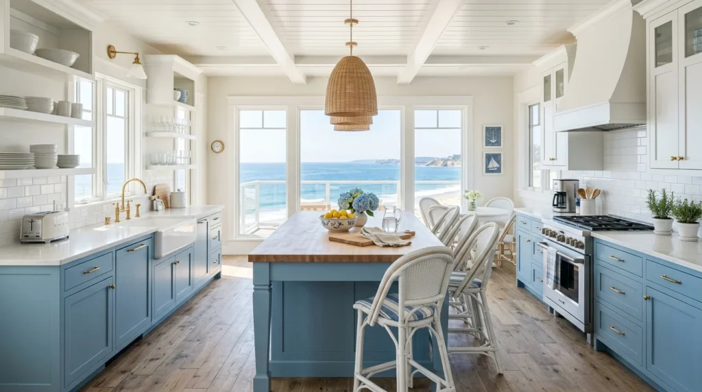 coastal blue kitchen with airy white decor and fresh aesthetic