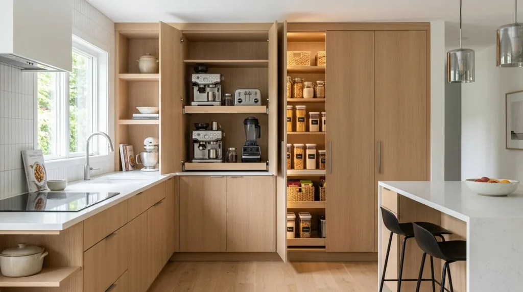luxury corner pantry with marble accents and elegant storage shelves