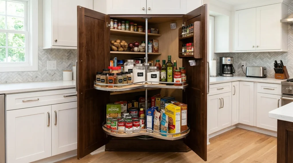 corner pantry with rotating shelves for smart space saving storage