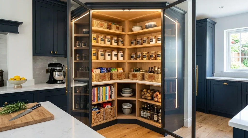 modern corner pantry with sliding doors for space saving storage