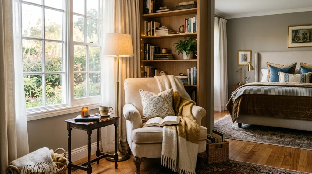 cozy reading corner elegant luxury bedroom aesthetic