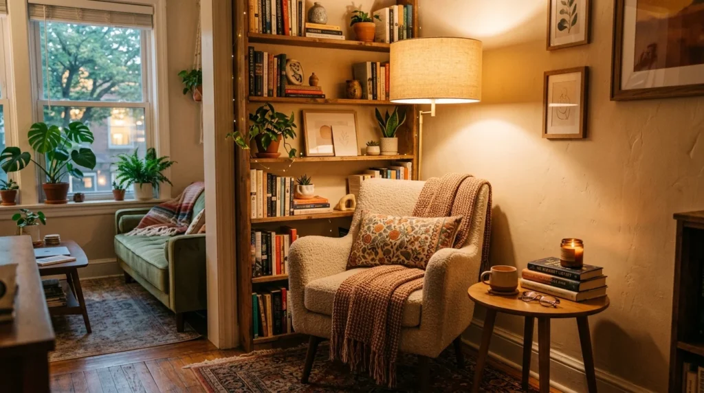 tiny living room cozy reading corner with chair and warm lighting