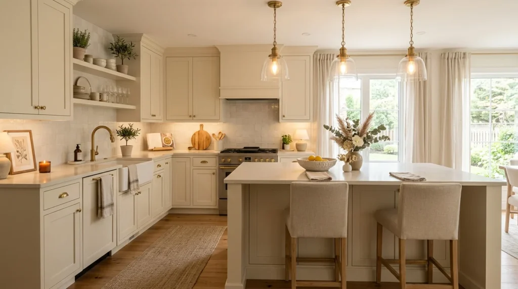 creamy neutral kitchen with elegant warm tones and cozy interior
