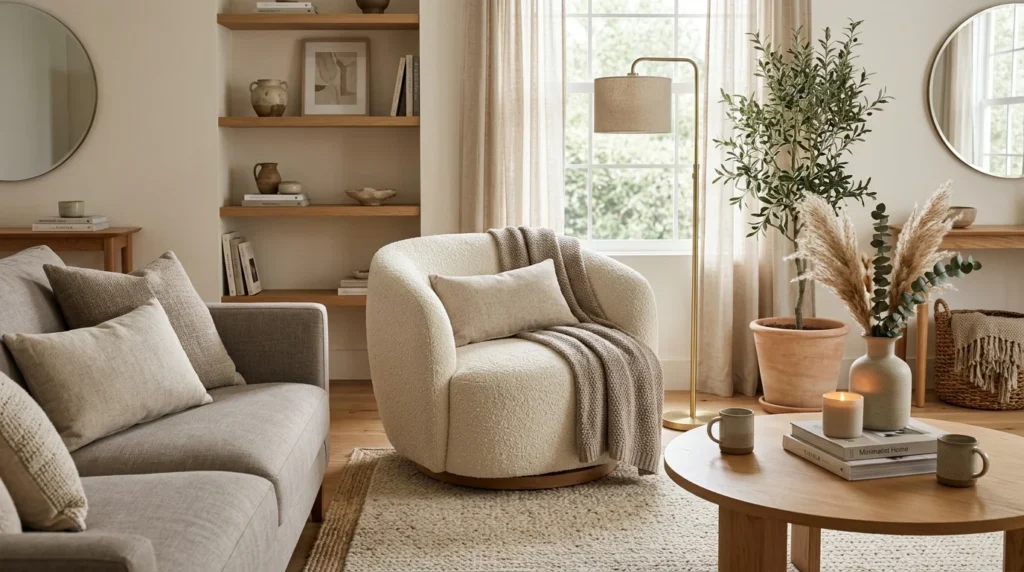 curved accent chair modern living room neutral cozy aesthetic
