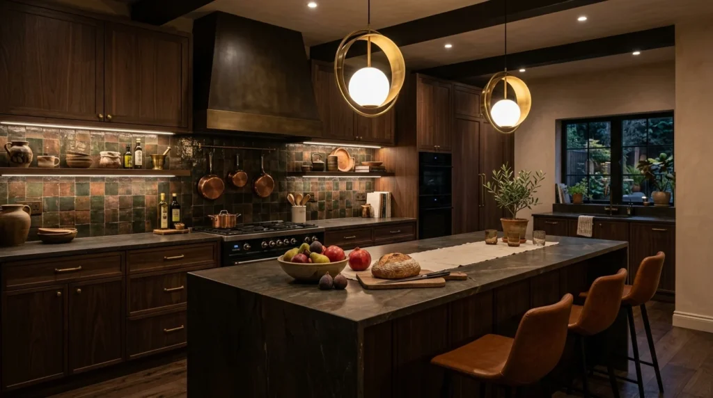 dark brown kitchen with earthy textures and cozy luxury interior