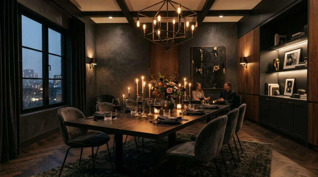 dark moody dining room luxury modern interior design