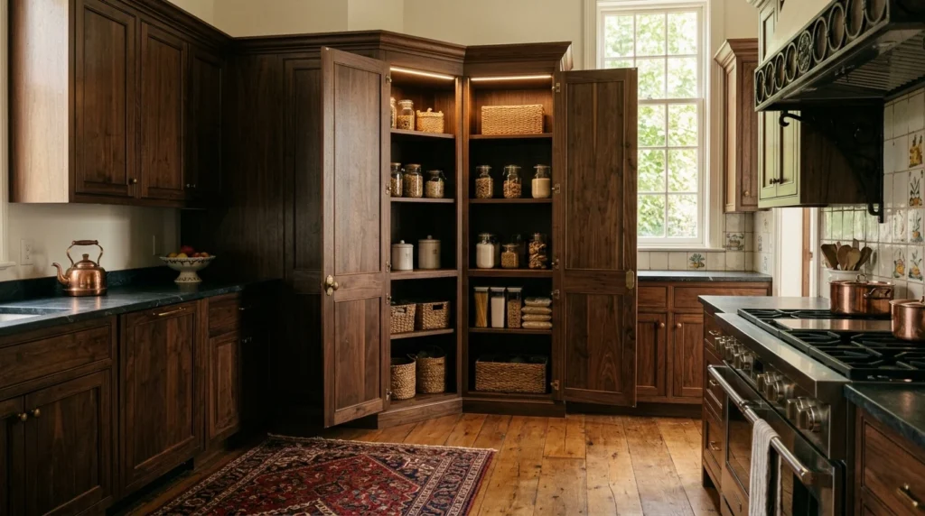 dark wood corner pantry with warm elegant kitchen storage