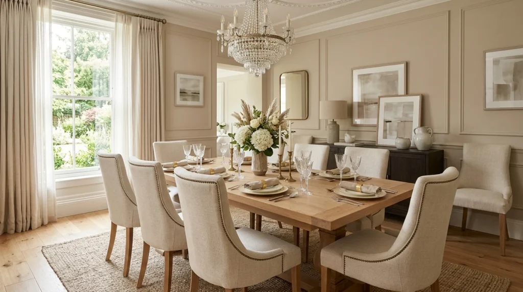 neutral tone dining room beige modern elegant decor