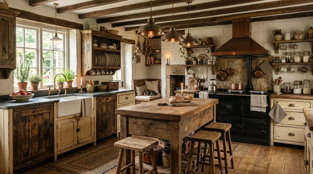 distressed wood rustic kitchen warm farmhouse aesthetic