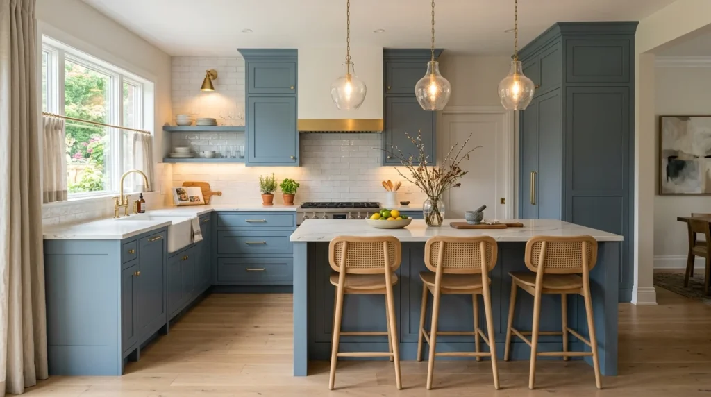 dusty blue kitchen with soft modern decor and airy atmosphere