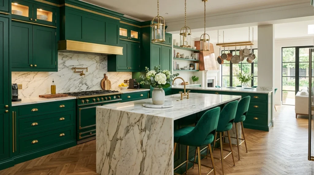 emerald green kitchen with gold details and luxury modern aesthetic