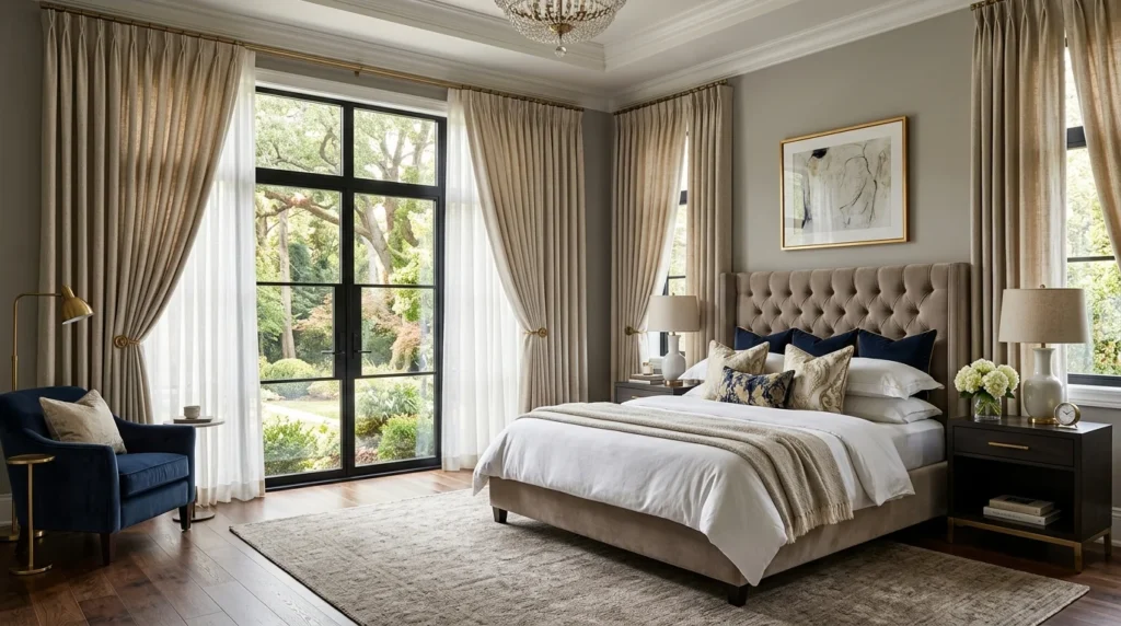 floor to ceiling curtains elegant luxury bedroom aesthetic