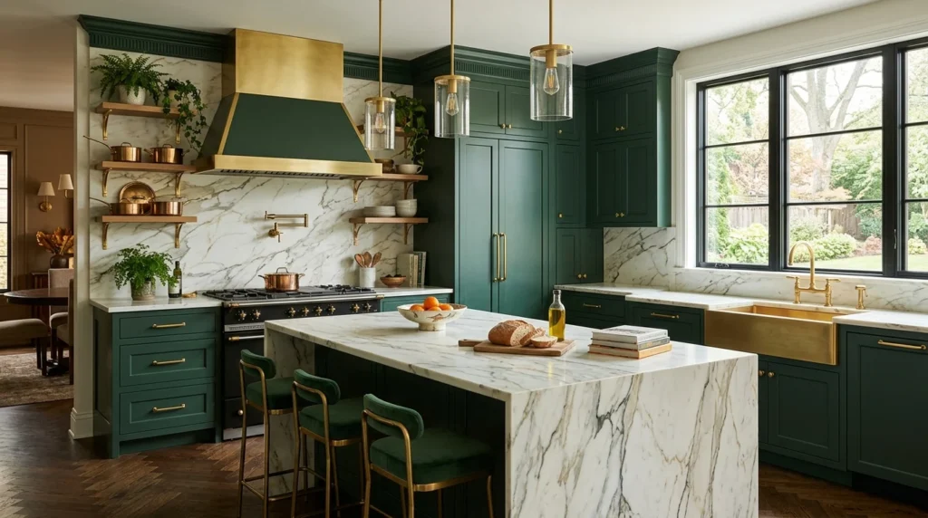 forest green kitchen with luxury gold accents and marble countertops