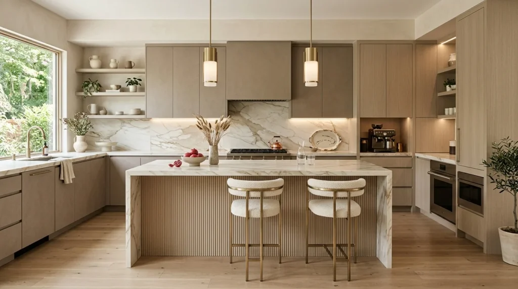 layered neutral kitchen with beige cream and taupe modern aesthetic