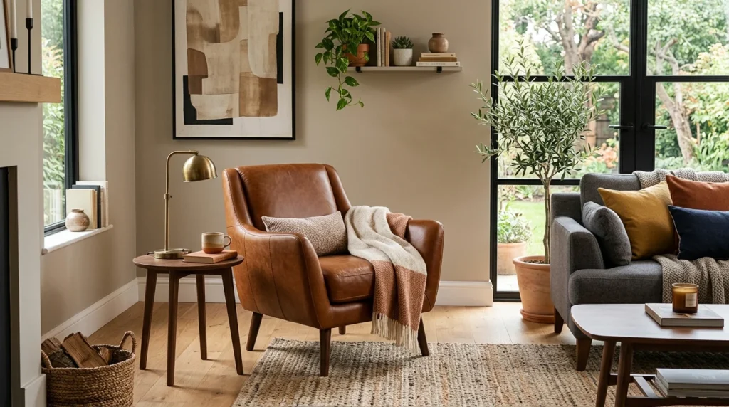 leather accent chair warm modern living room interior