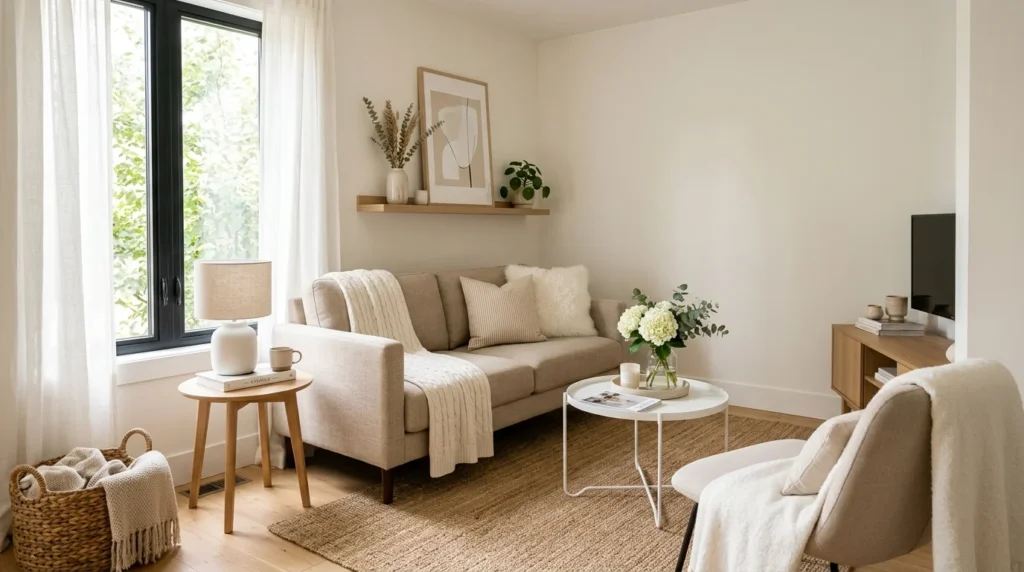 tiny living room with light neutral colors creating bright and airy atmosphere