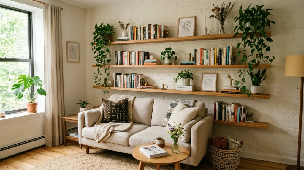 tiny living room with floating wall shelves and modern organized decor