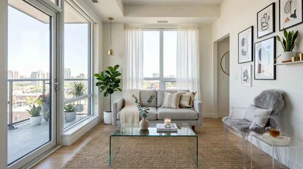 tiny living room with glass coffee table and airy modern aesthetic