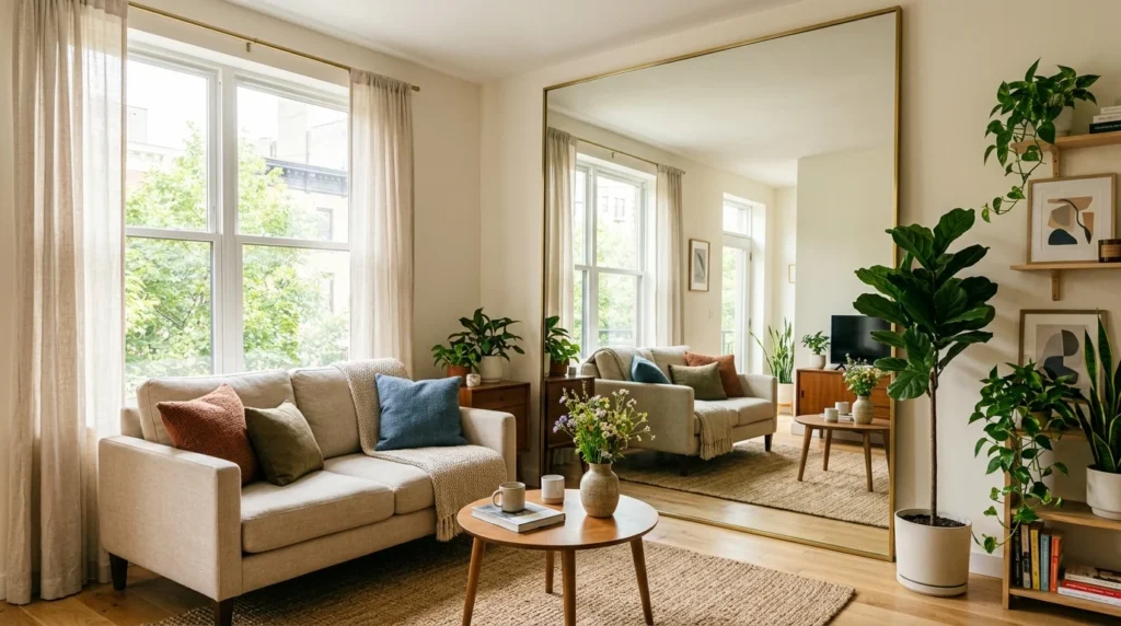 tiny living room with large mirror reflecting light and creating spacious feel