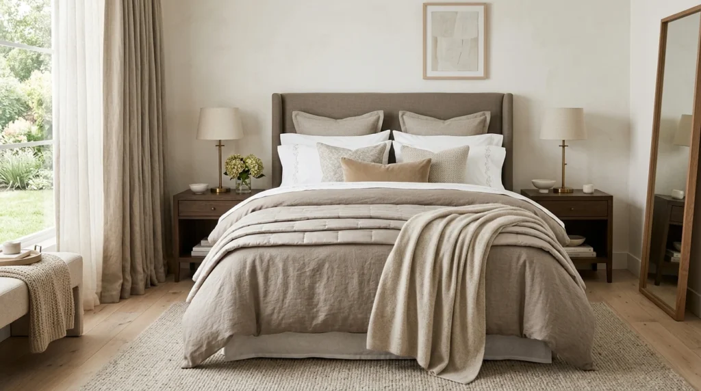 layered luxury bedding elegant neutral cozy bedroom design