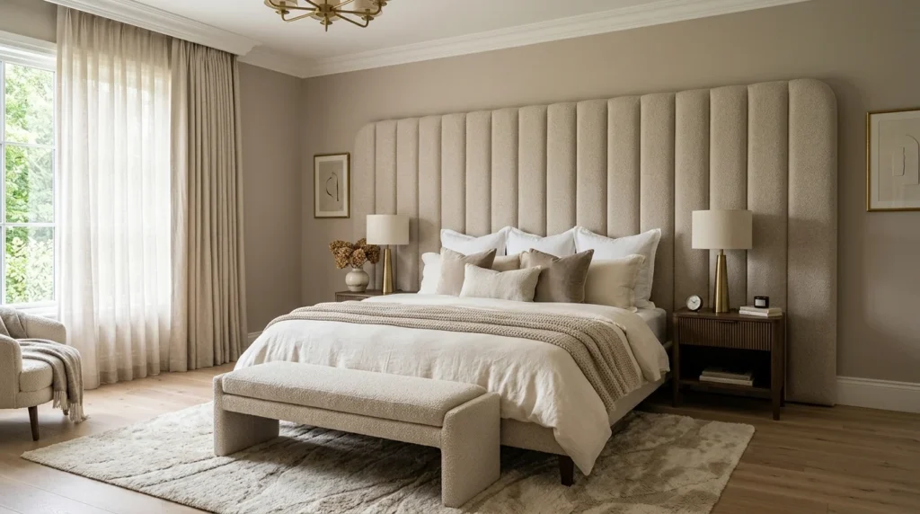 statement headboard wall elegant luxury bedroom neutral style