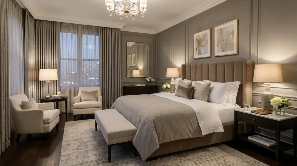 luxury hotel inspired bedroom elegant cozy neutral aesthetic