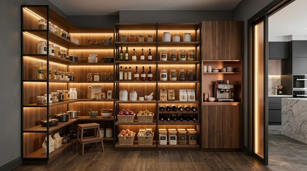 luxury modern corner pantry with sleek shelves and warm lighting