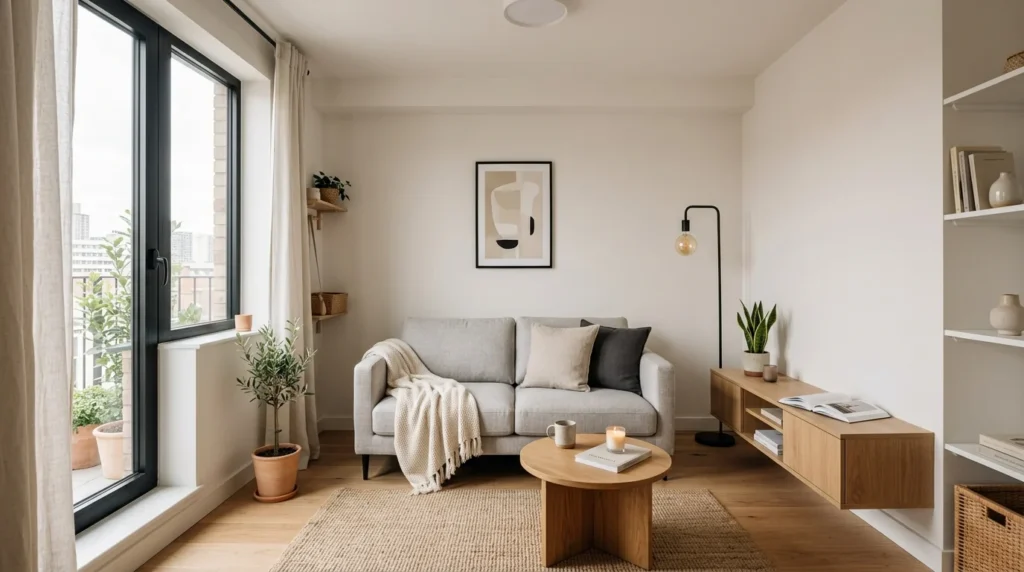 minimalist tiny living room with clean layout and modern neutral decor