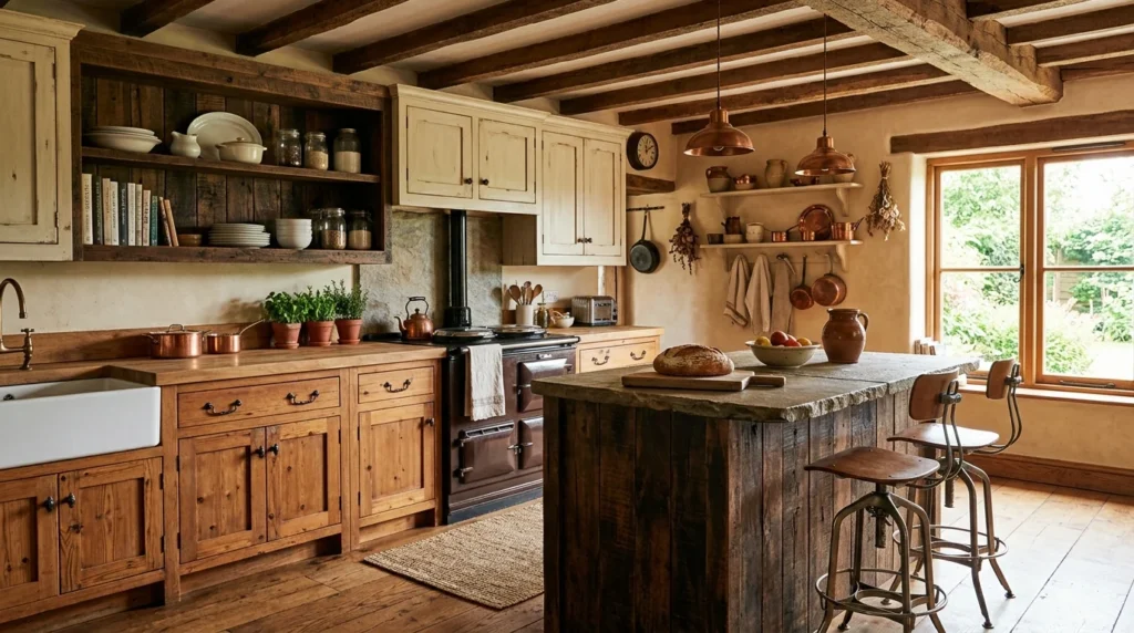 mixed wood tones rustic kitchen natural warm interior