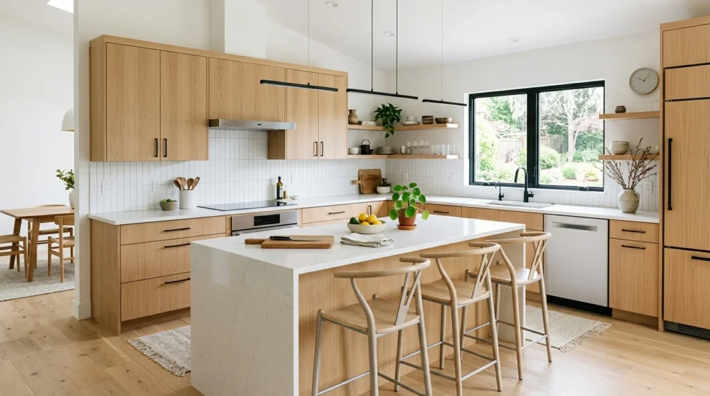 kitchen with natural wood cabinets and white modern surfaces