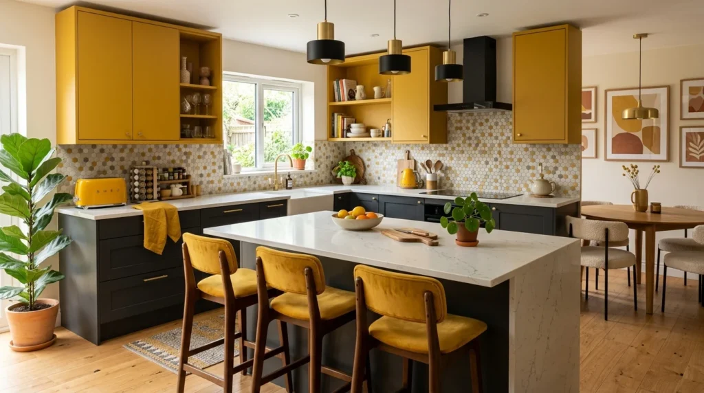 kitchen with mustard yellow accents and warm modern decor