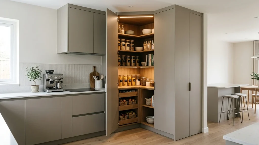 organized corner pantry with labeled jars and storage baskets