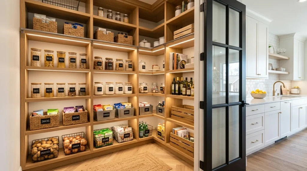 alk in corner pantry with organized shelves and modern kitchen storage