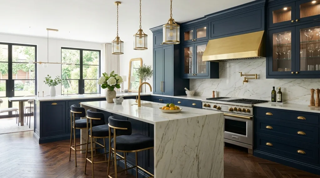 navy blue kitchen with gold hardware and luxury modern aesthetic
