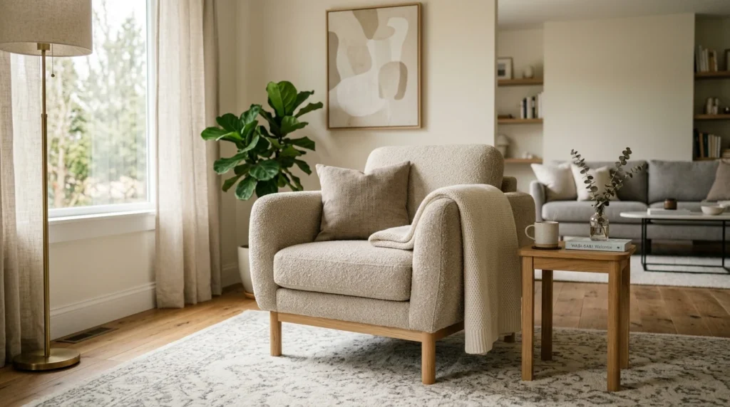 neutral fabric chair soft modern living room aesthetic