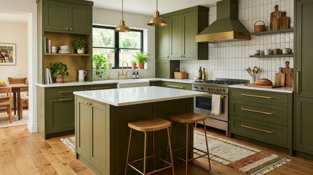 olive green kitchen cabinets with warm lighting and modern decor