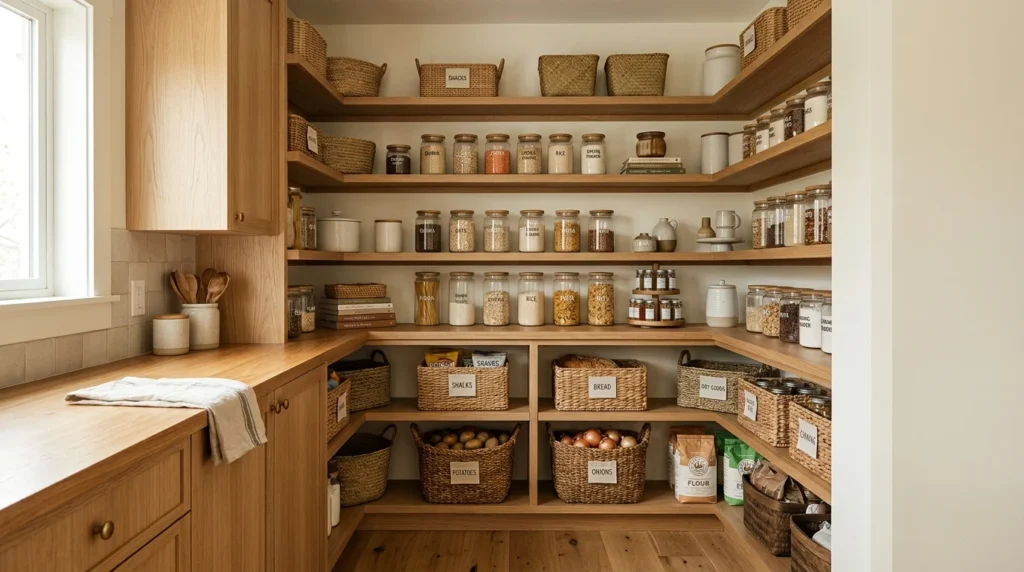open shelving corner pantry with jars baskets and clean organization