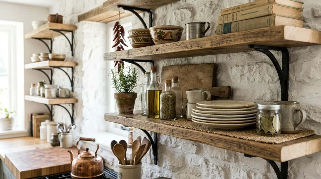 open wooden shelves rustic kitchen cozy decor styling