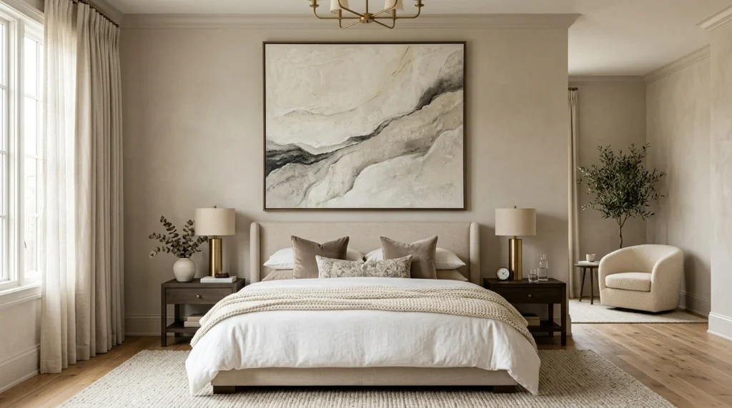 oversized wall art elegant neutral luxury bedroom decor
