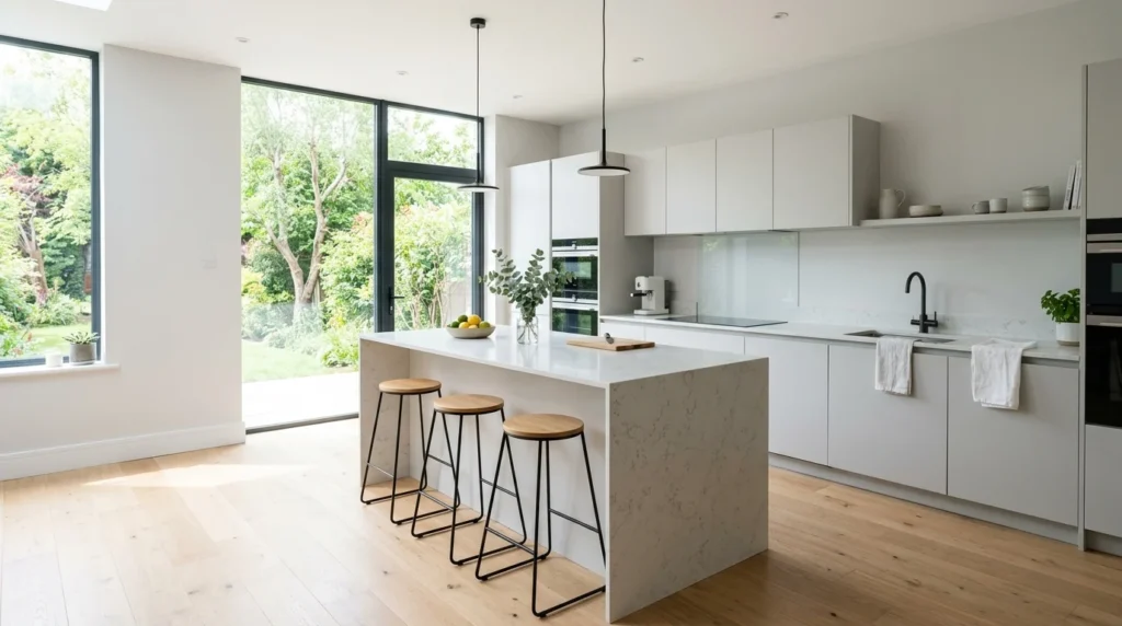 pale grey minimalist kitchen with bright natural light and clean design