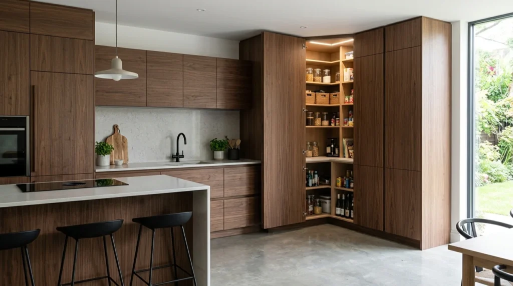 hidden corner pantry door blending with modern kitchen cabinets