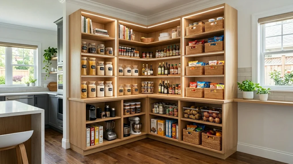 floor to ceiling corner pantry shelves maximizing kitchen storage
