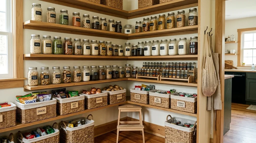 neutral tone corner pantry with beige shelves and clean layout