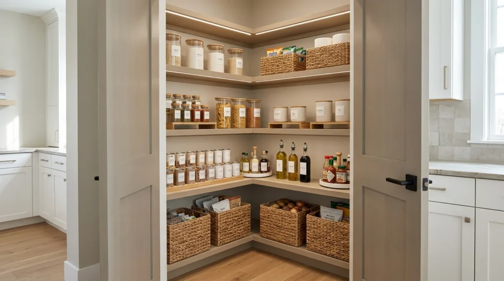 corner pantry with hidden appliance storage and clean kitchen setup