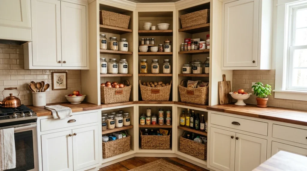 corner pantry with open basket storage and organized kitchen shelves