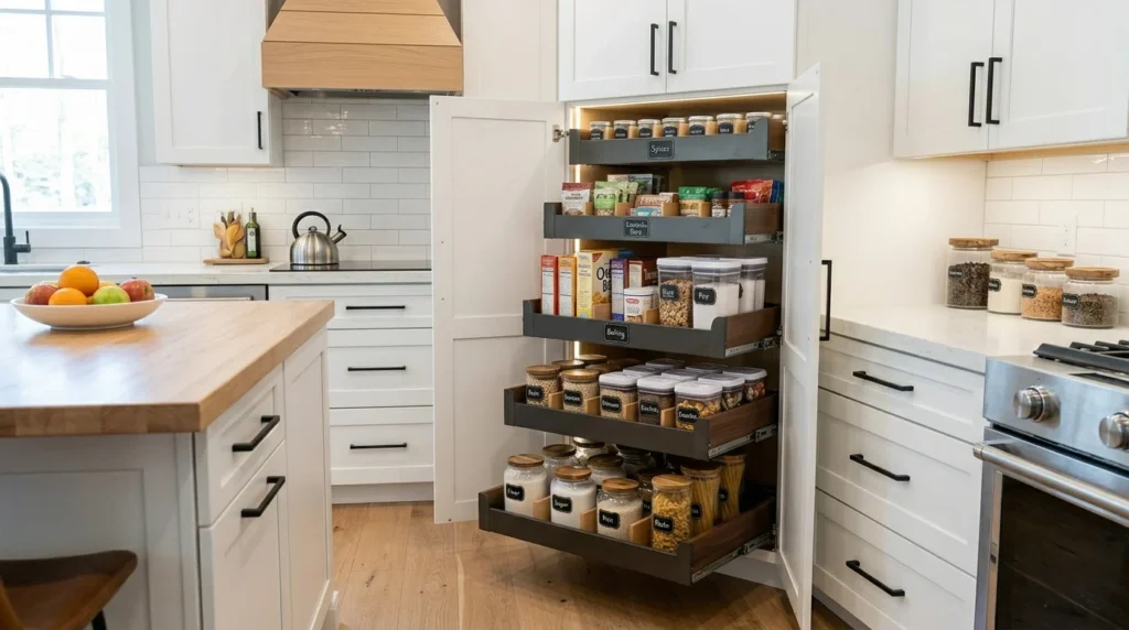 corner pantry with wooden shelves and warm cozy kitchen style