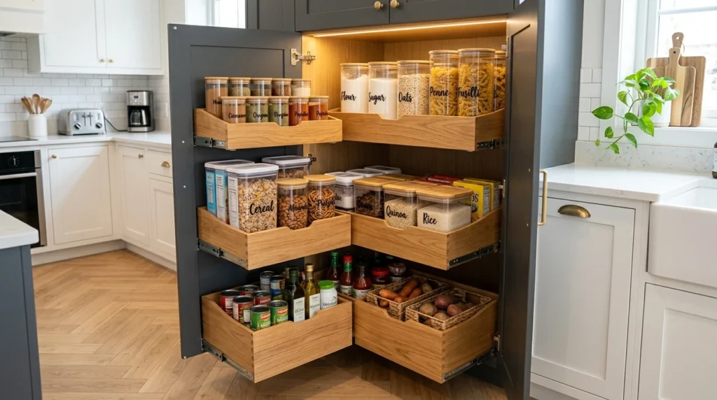 black and white corner pantry with modern elegant storage design