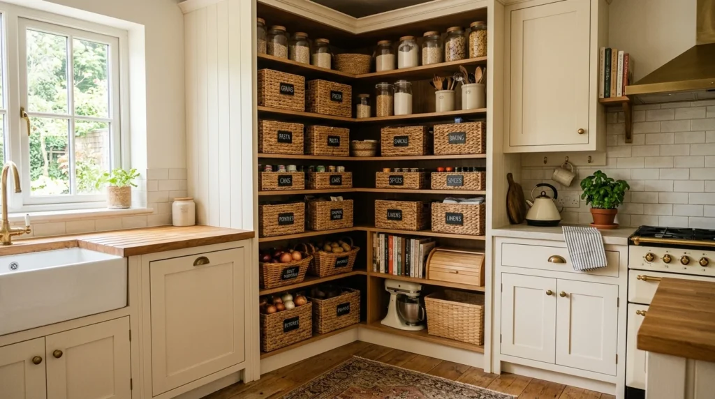 matte finish corner pantry with sleek modern kitchen storage