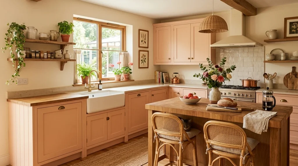 soft peach kitchen with cozy warm decor and modern elegant style
