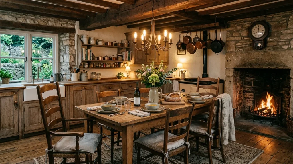 rustic kitchen open dining area cozy farmhouse interior